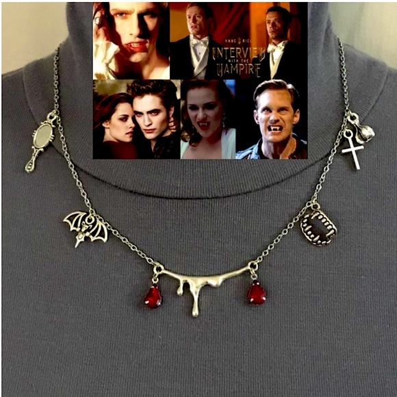 Hand Crafted Jewelry - “Vampire Lore" Dainty Handmade Gothic Charm Necklace, Bat Fangs Red Blood Drops